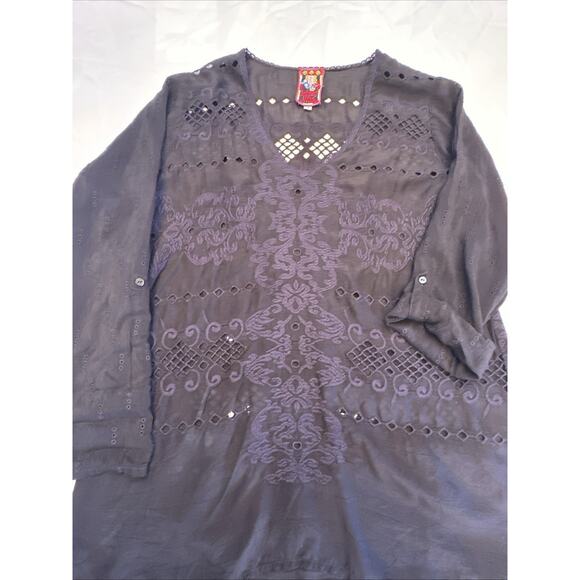 Johnny Was Embroidered Blouse Womens Small Black Eyelet Bohemian Whimsical - Picture 4 of 14